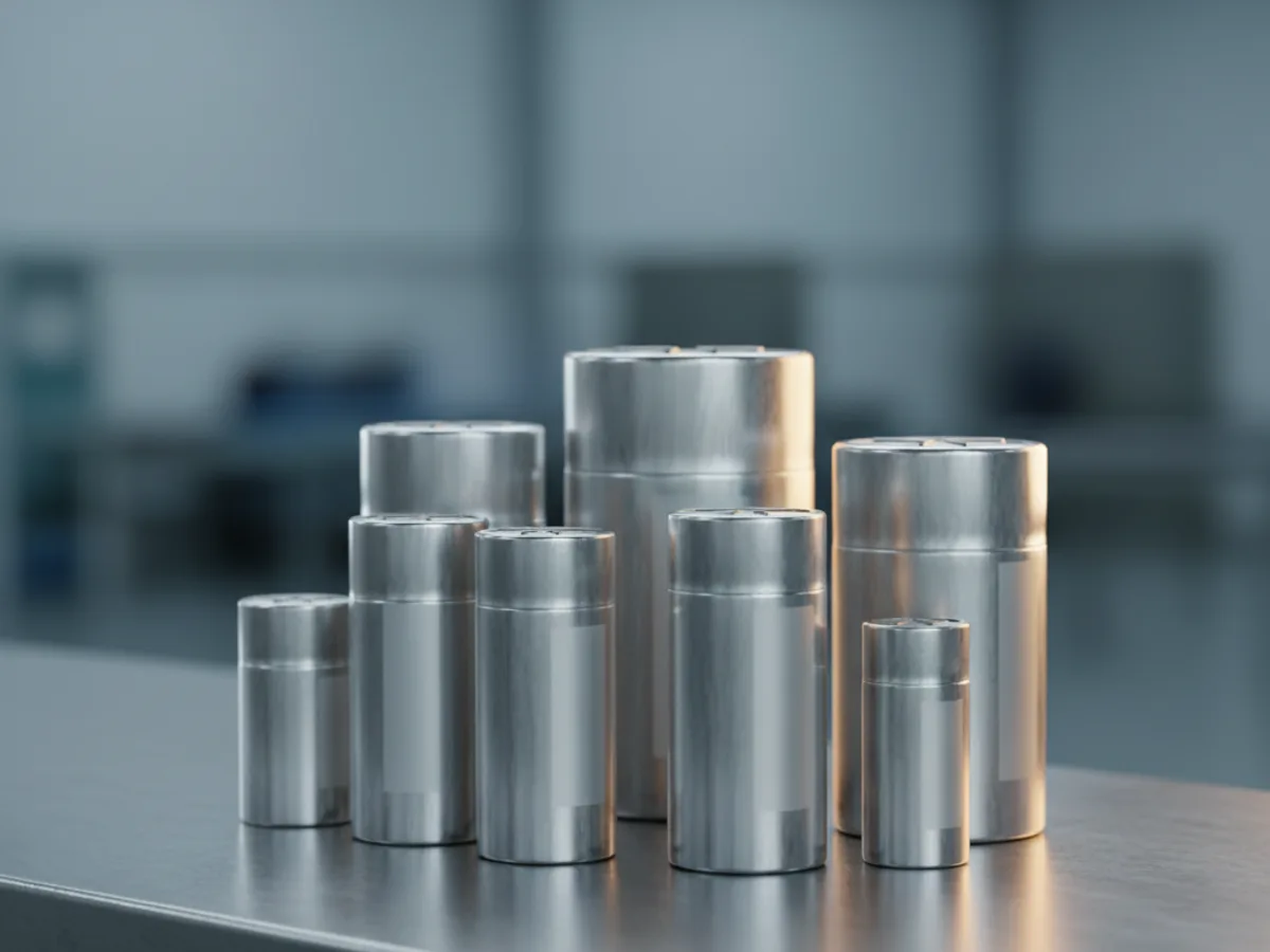 Aluminium electrolytic capacitors of several sizes standing on a bench with the pressure vent stamped in each can top