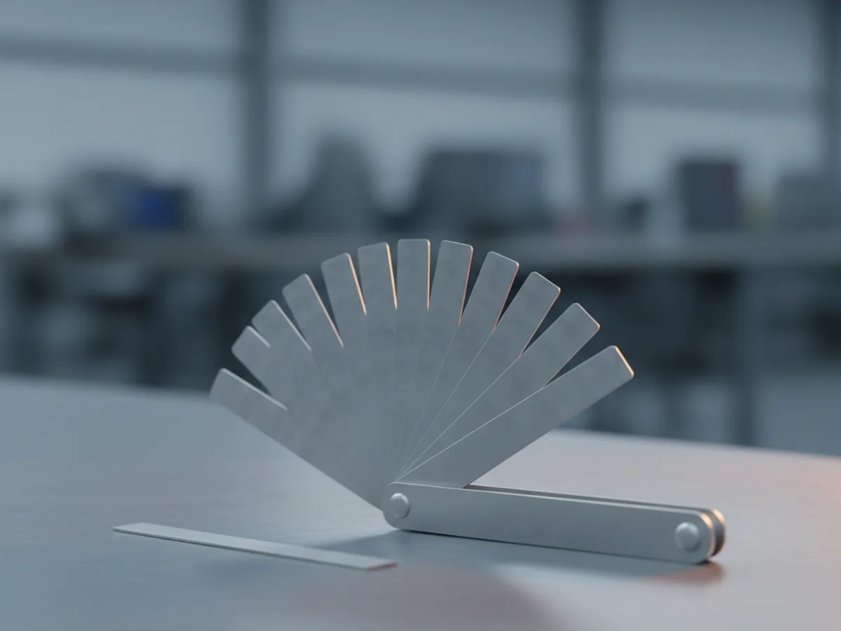 Feeler gauge set fanned open showing its stack of thin steel blades beside a single blade laid flat on a bench