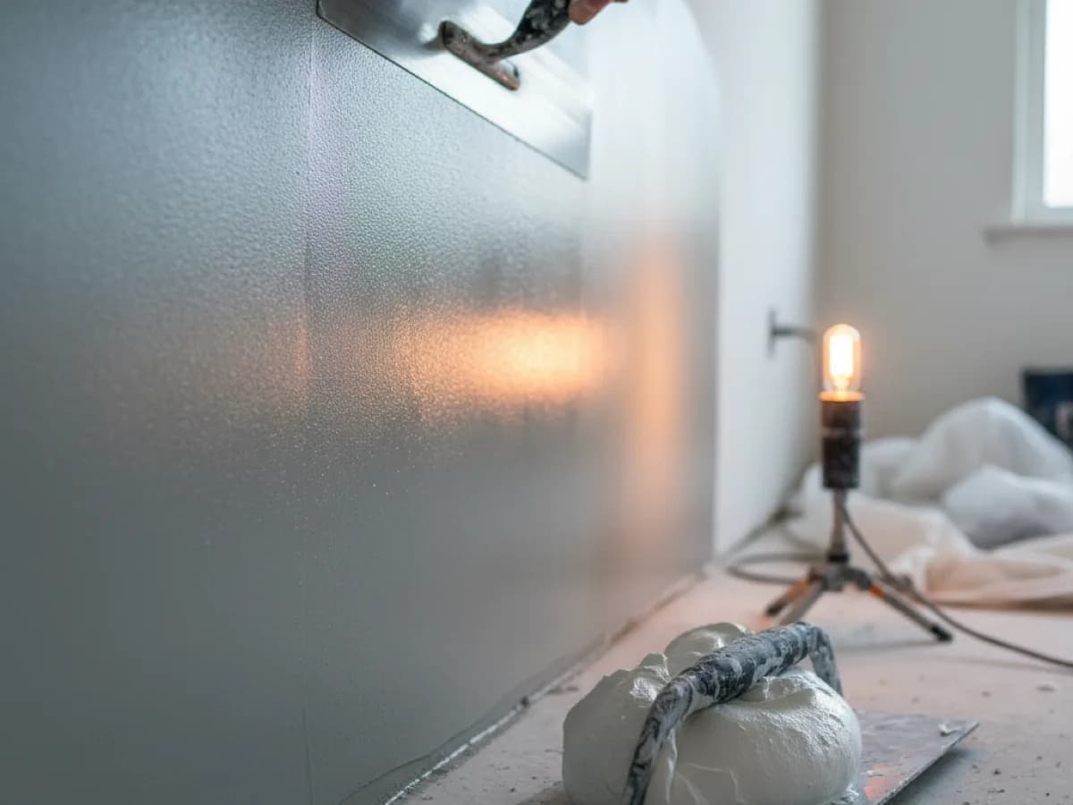 Stainless steel finishing trowel laying smooth plaster across a wall with a hawk of material alongside