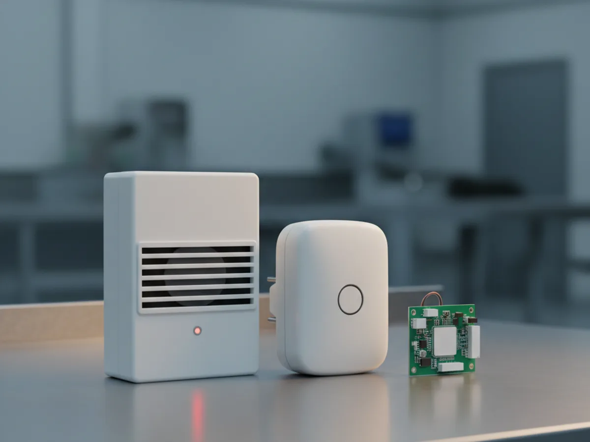 Wall mounted combustible gas detector with a vented grille beside a plug-in alarm and a small green sensor circuit board