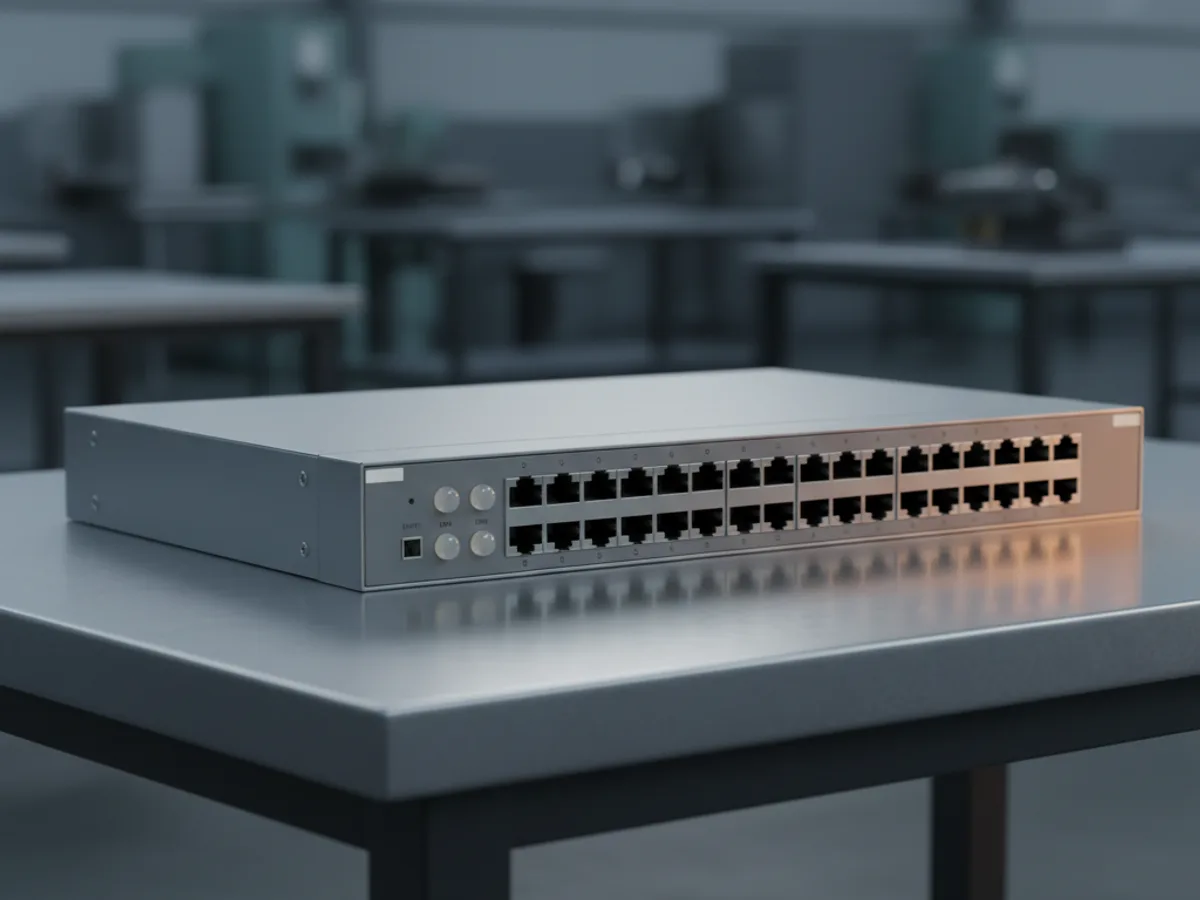 Rack mount gigabit network switch with a row of ethernet ports and blank indicator lights on a bench