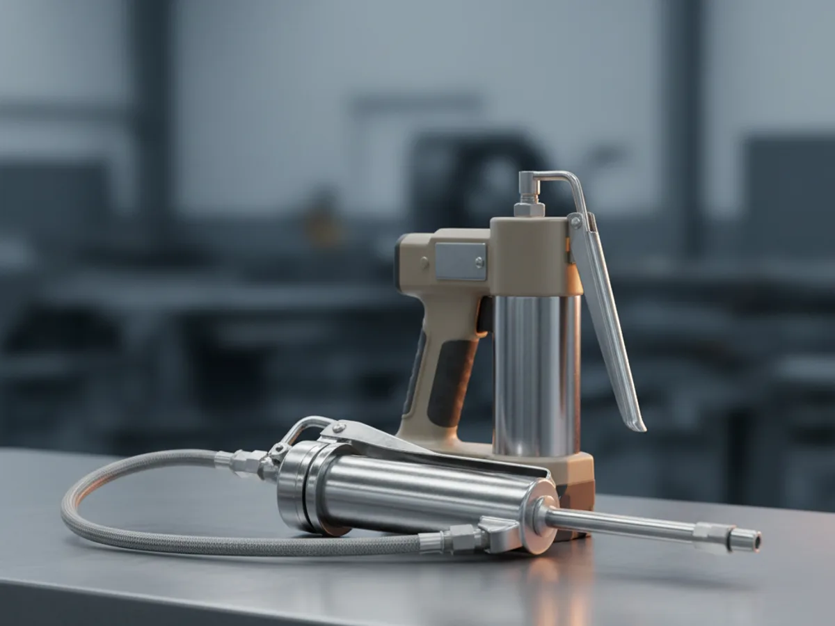 Grease gun barrel with a braided flexible hose and coupler lying in front of an upright pistol grip grease gun