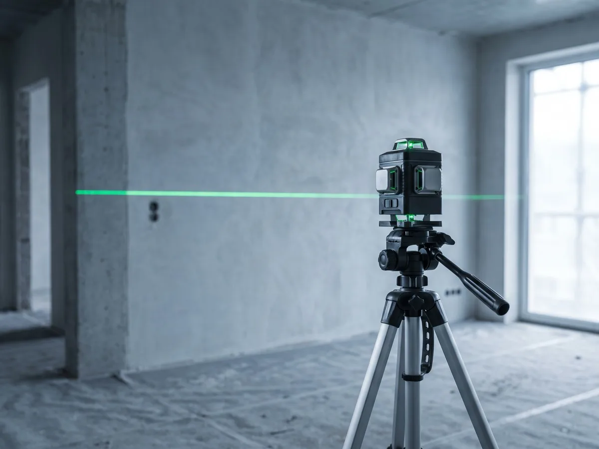 Green 360 degree cross line laser level on a tripod projecting a level line across a bare interior wall