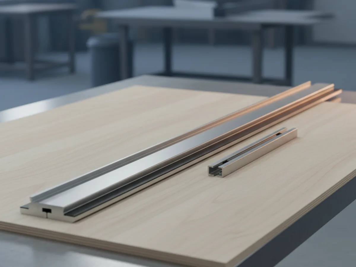 Aluminium saw guide rail with a black splinter strip lying across a sheet of plywood beside a rail connector bar