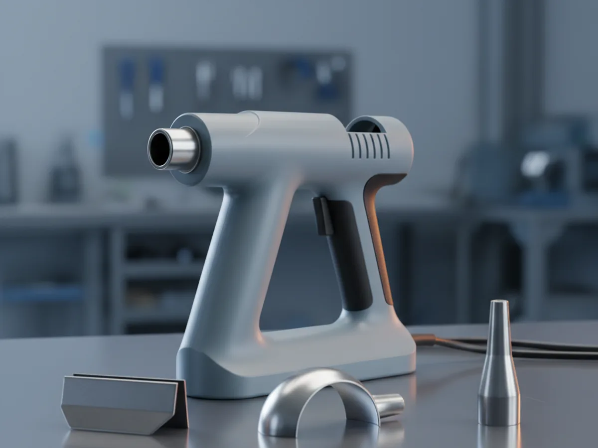 Heat gun standing on its base with the barrel horizontal and three interchangeable metal nozzles laid out in front
