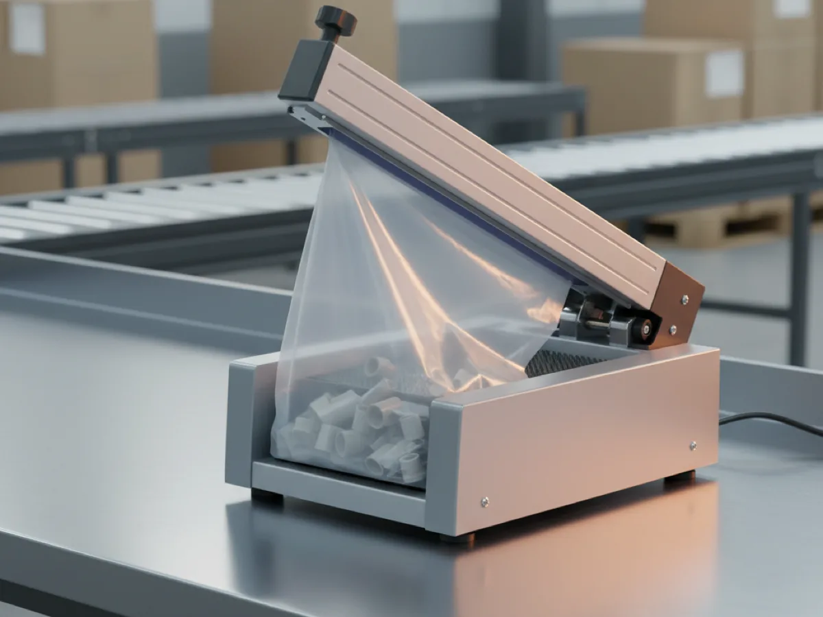 Bench-mounted impulse heat sealer with its bar raised over a filled polythene bag on a packing bench