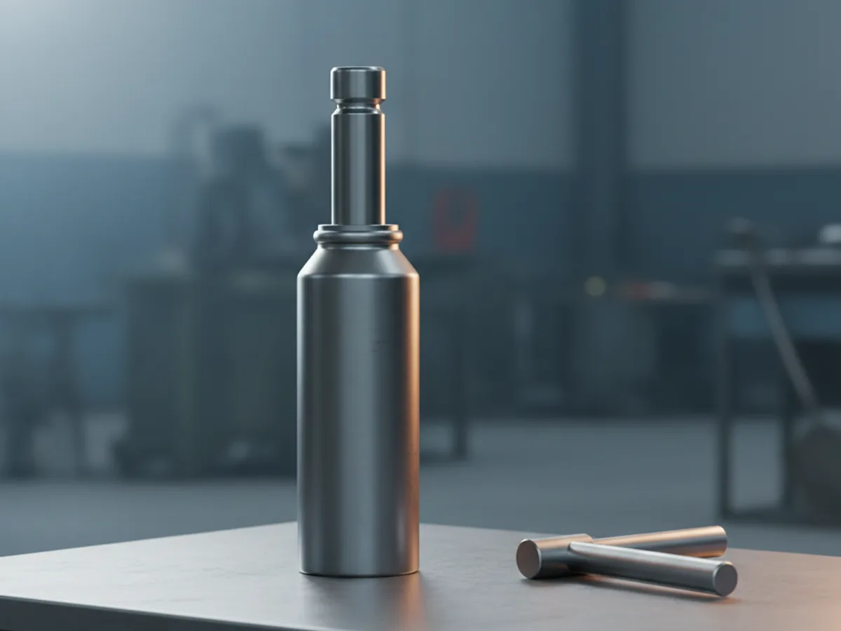 Heavy steel hydraulic bottle jack with its ram extended and its two-piece handle lying beside it on a bench