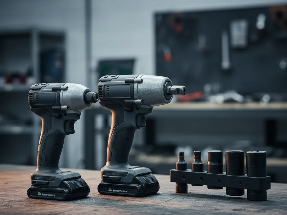 Cordless brushless impact driver beside an impact wrench with black impact sockets on a workbench