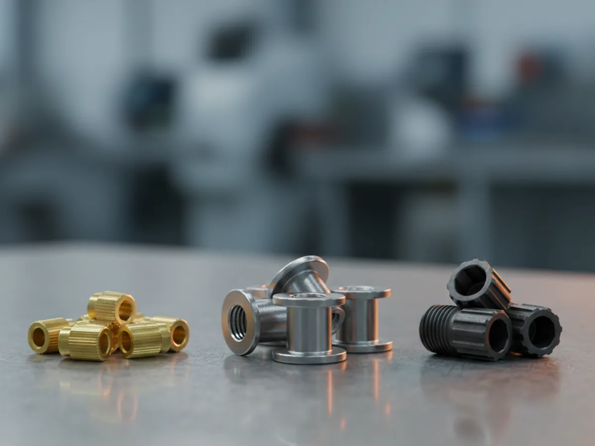 Assorted brass heat set inserts, steel rivet nuts and hex drive wood insert nuts laid out on a workbench