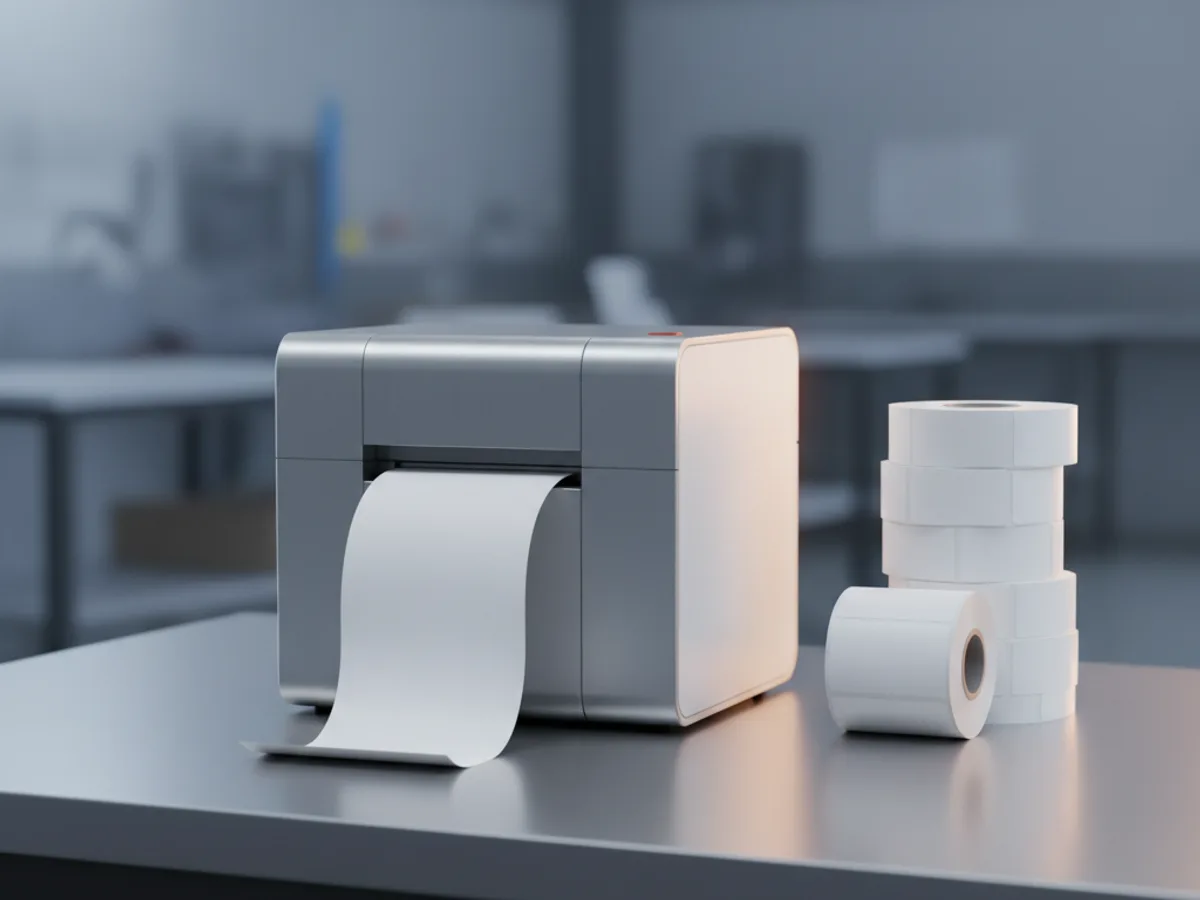 Desktop thermal label printer with a roll of blank white labels feeding from the front onto a packing bench