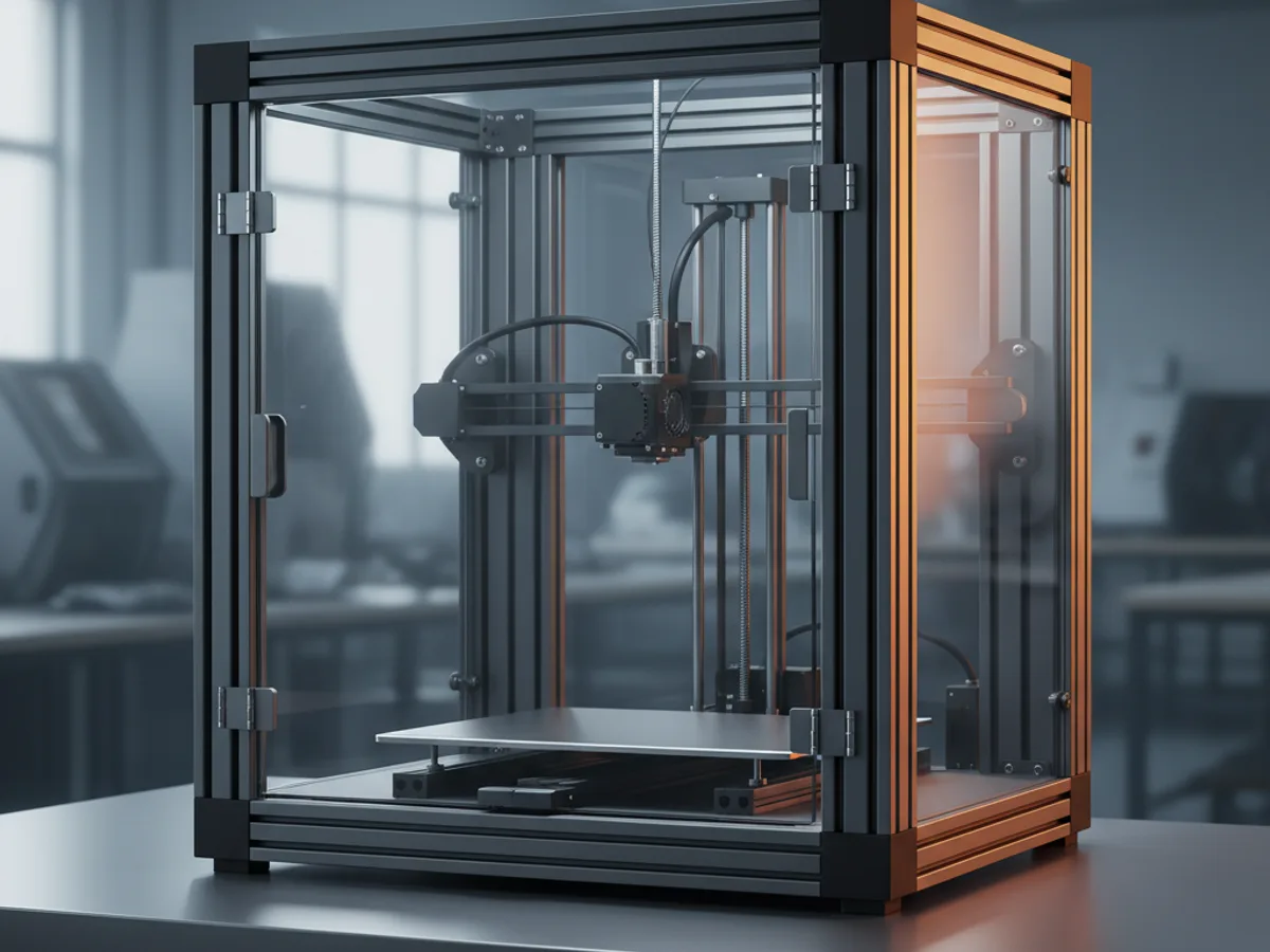 Large enclosed CoreXY 3D printer with a glass front panel showing an empty build plate and the toolhead above it