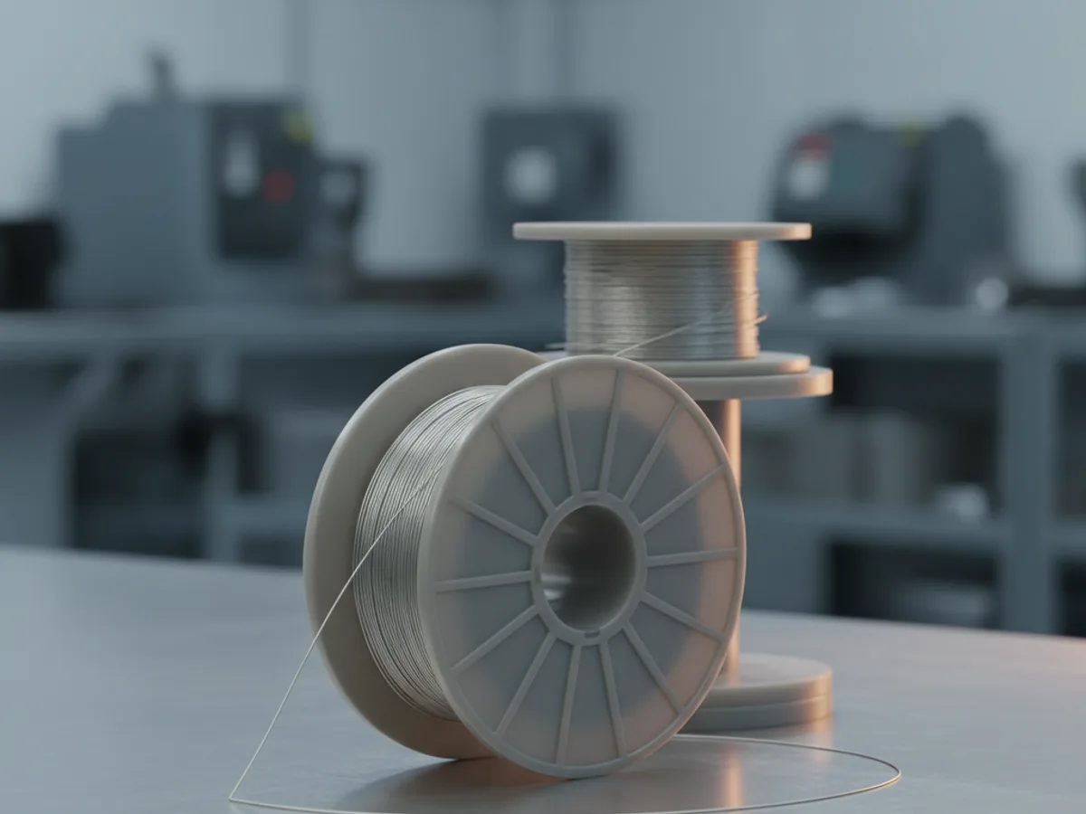Large spool of solder wire with a loose length of wire unwound in front of it and a second spool standing behind