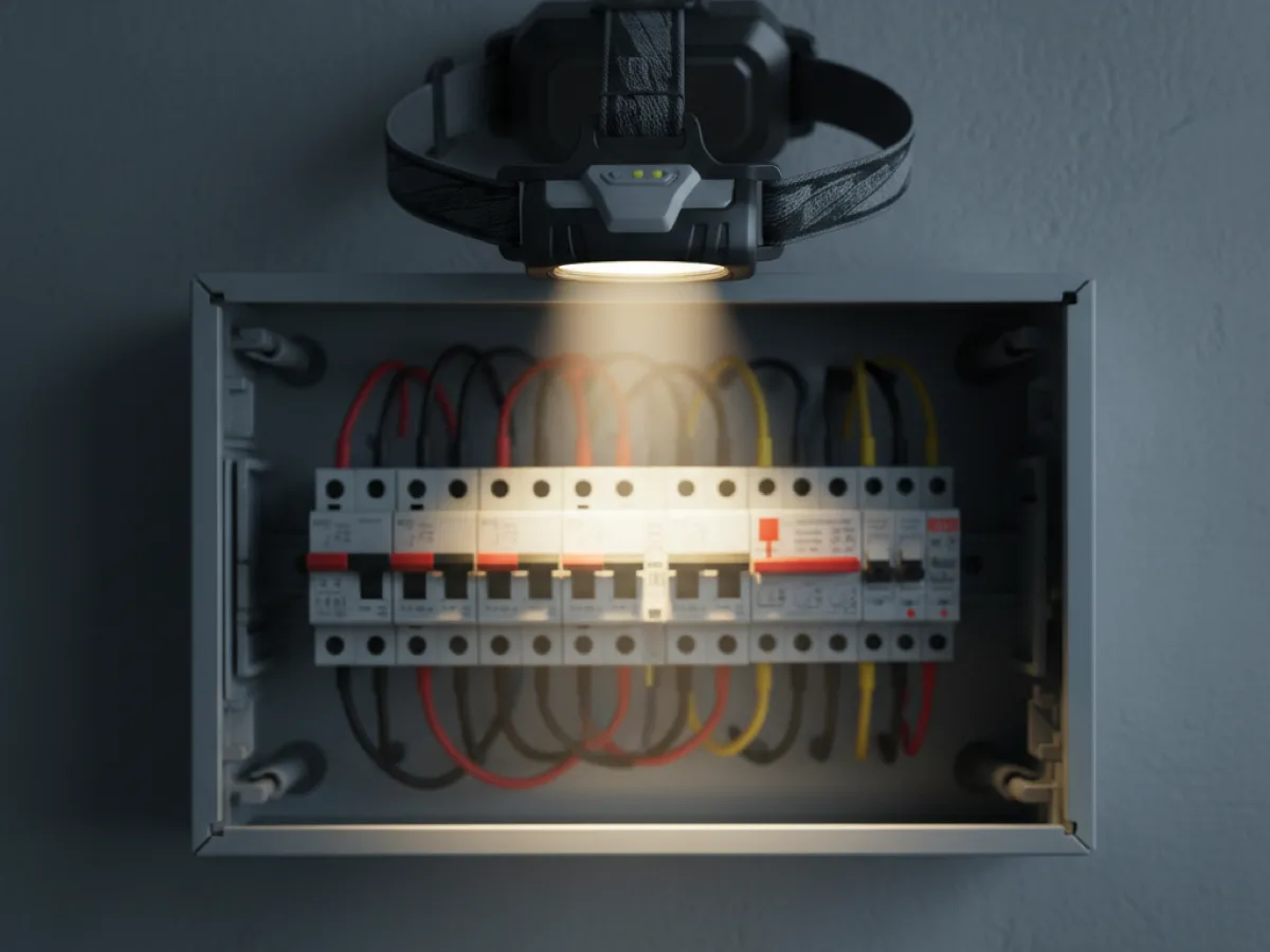 Rechargeable LED head torch with a rear battery pack lighting the inside of an electrical panel