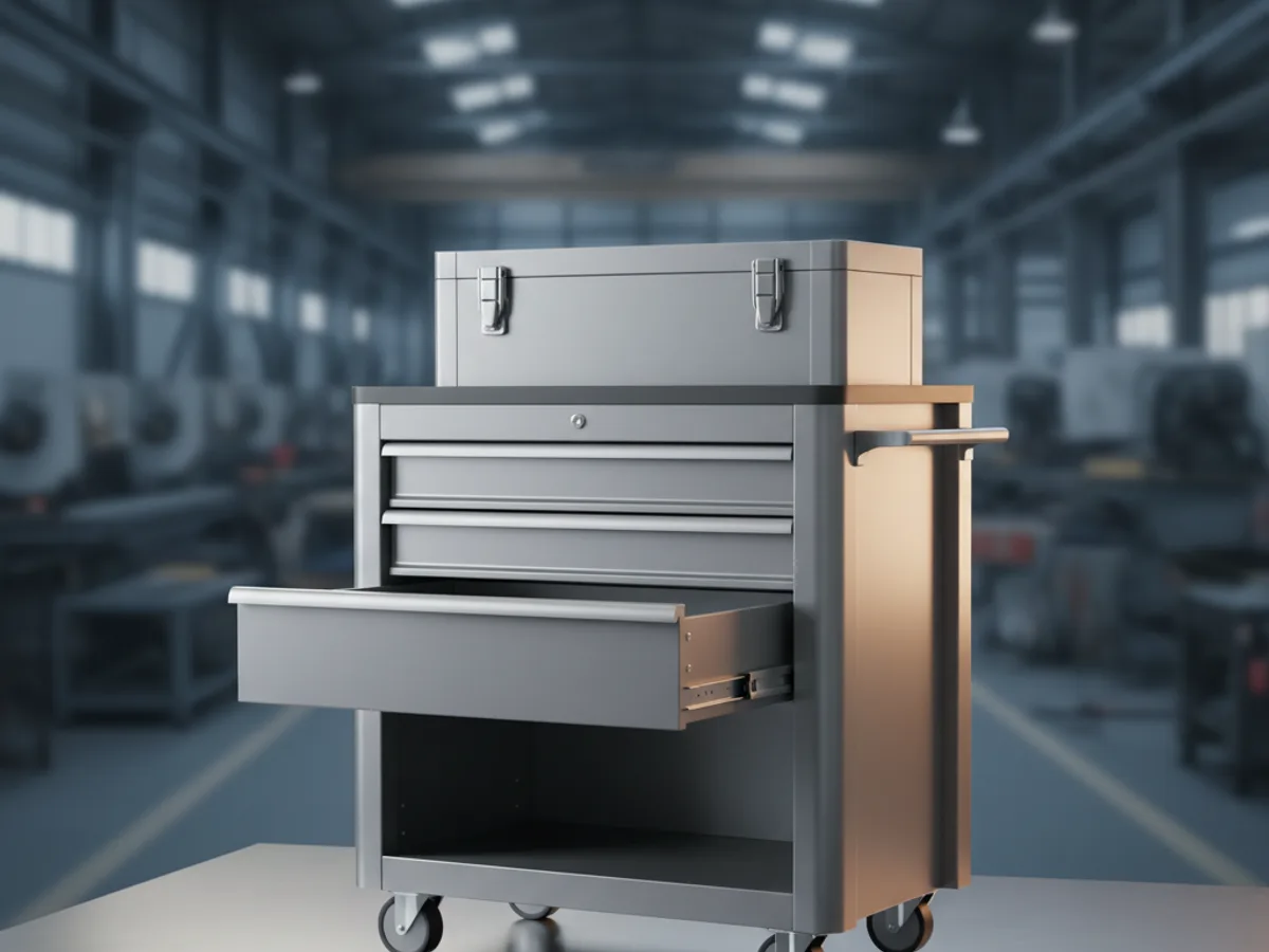 Steel roller tool cabinet on castors with one drawer pulled fully out and a top chest stacked above it