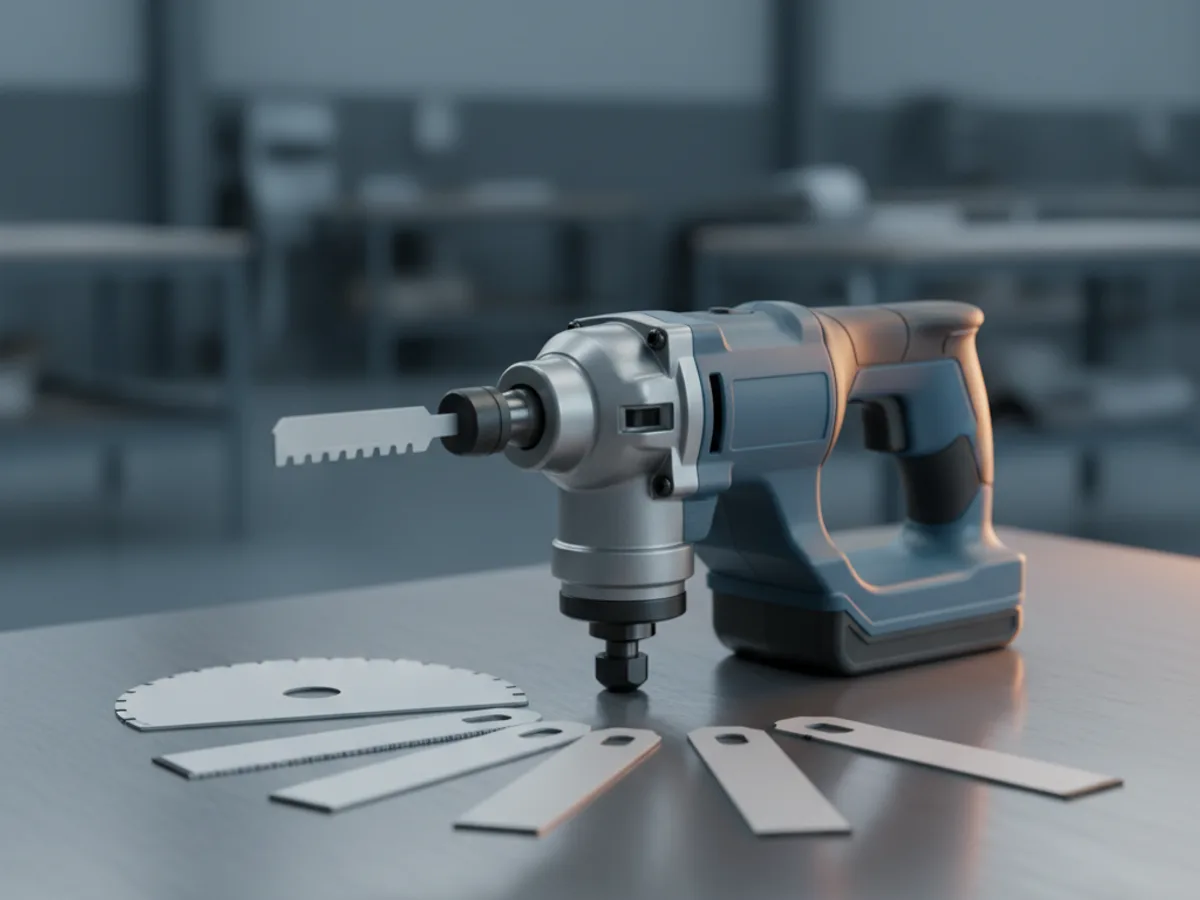 Cordless oscillating multi-tool with a plunge blade fitted beside a fan of assorted blades and a scraper