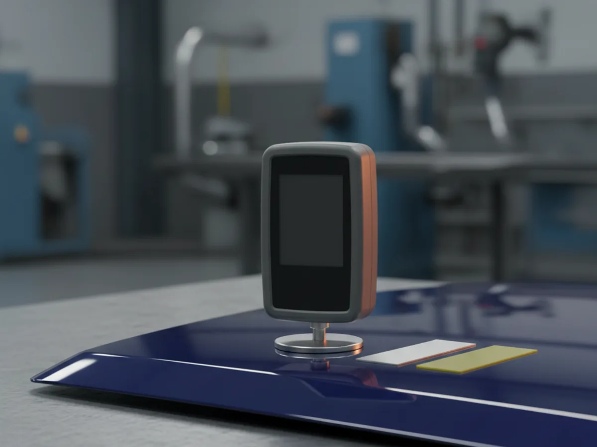 Handheld paint thickness gauge with its probe resting on a painted car panel beside calibration shims