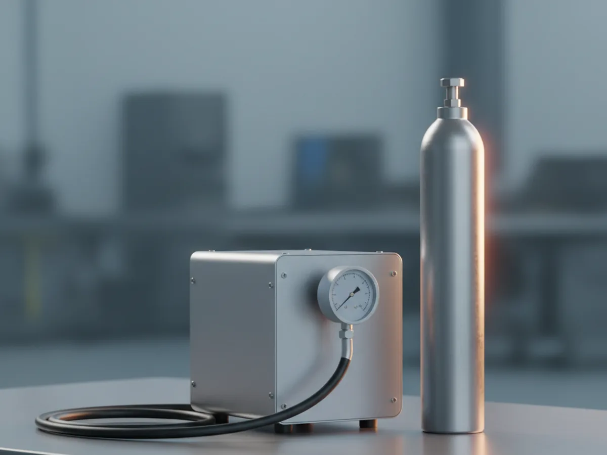 Compact high pressure air compressor with a large round gauge and fill hose coiled beside a steel cylinder