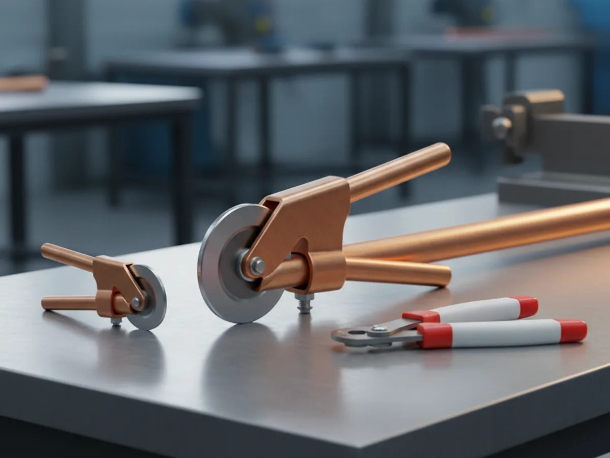 Copper pipe cutter clamped on a length of tube beside a mini cutter and a plastic pipe scissor cutter