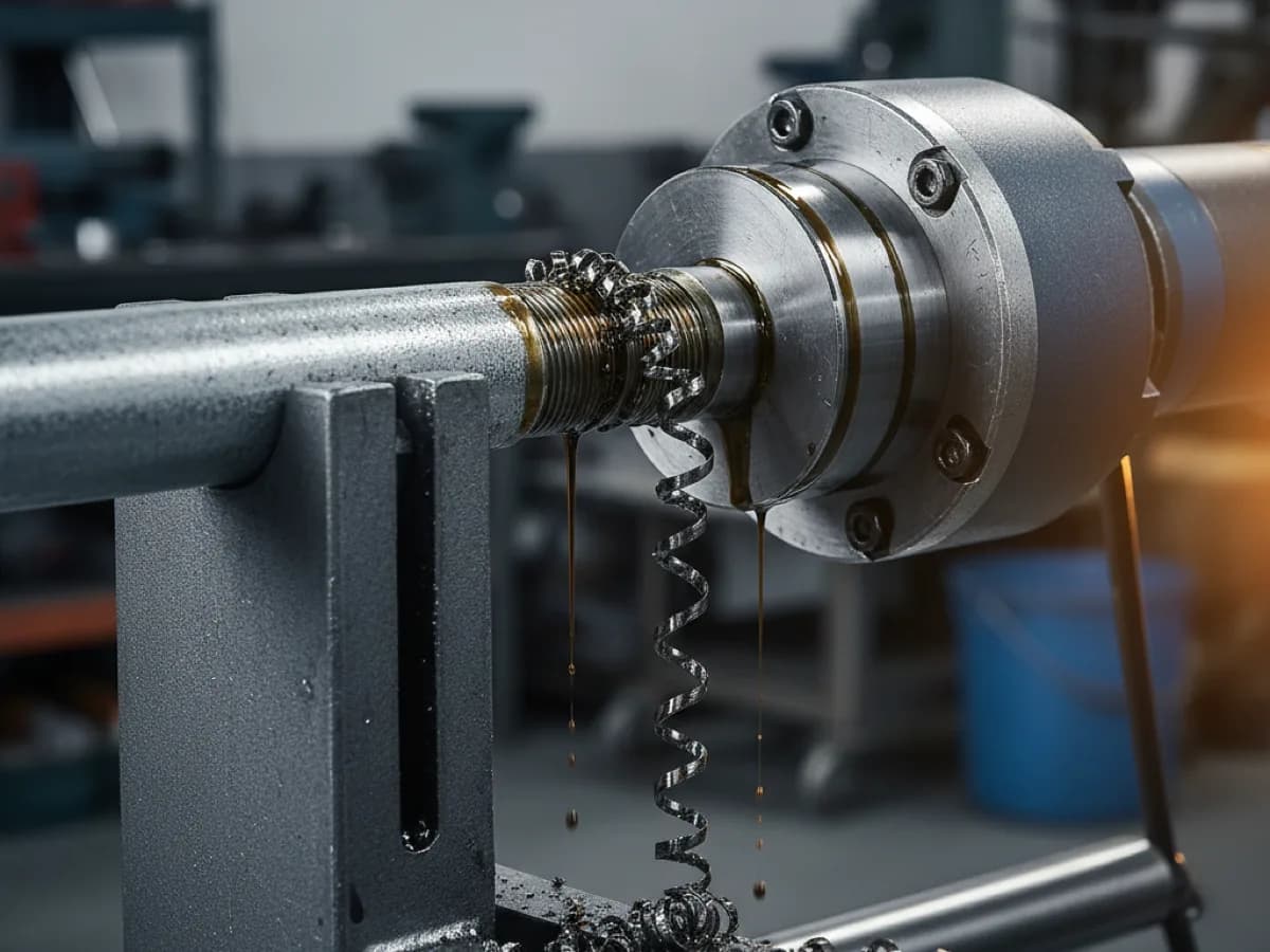 Handheld electric pipe threading machine cutting a thread on galvanised pipe with cutting oil flowing