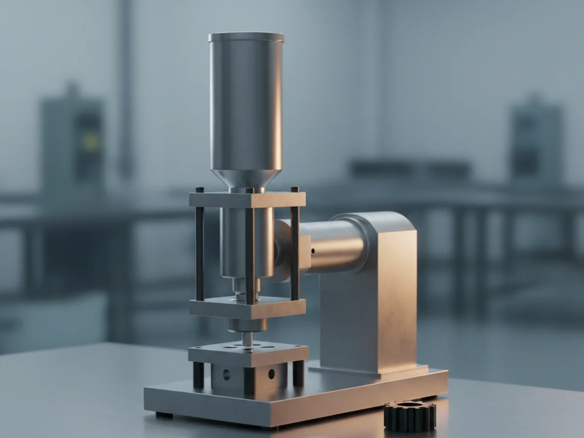 Benchtop injection moulding machine with its barrel, hopper and clamp visible beside a small moulded plastic part