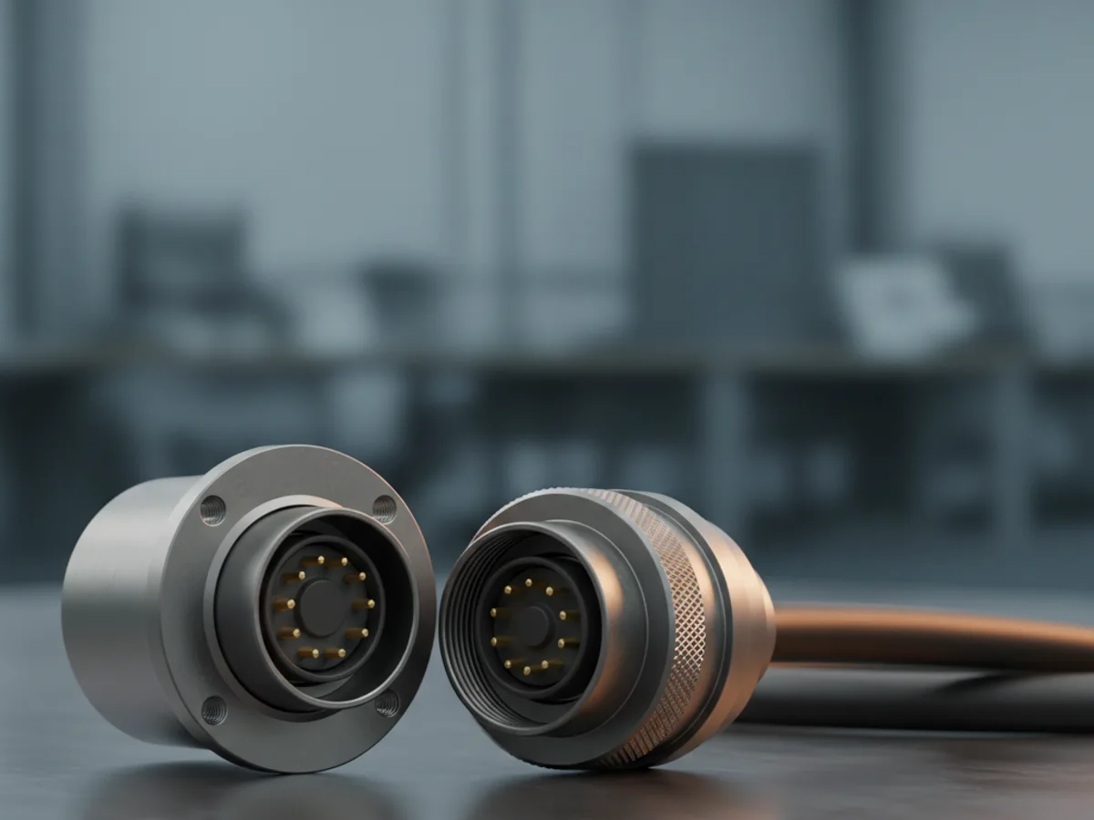 Circular waterproof power connectors with threaded collars and multi-pin inserts laid out beside cable on a bench