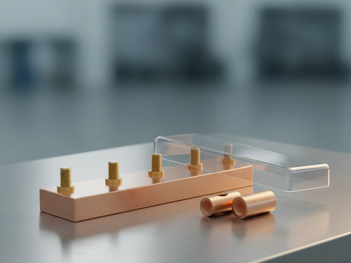 Copper power distribution bus bar with brass studs and a clear insulated cover lifted off, beside copper terminal connectors