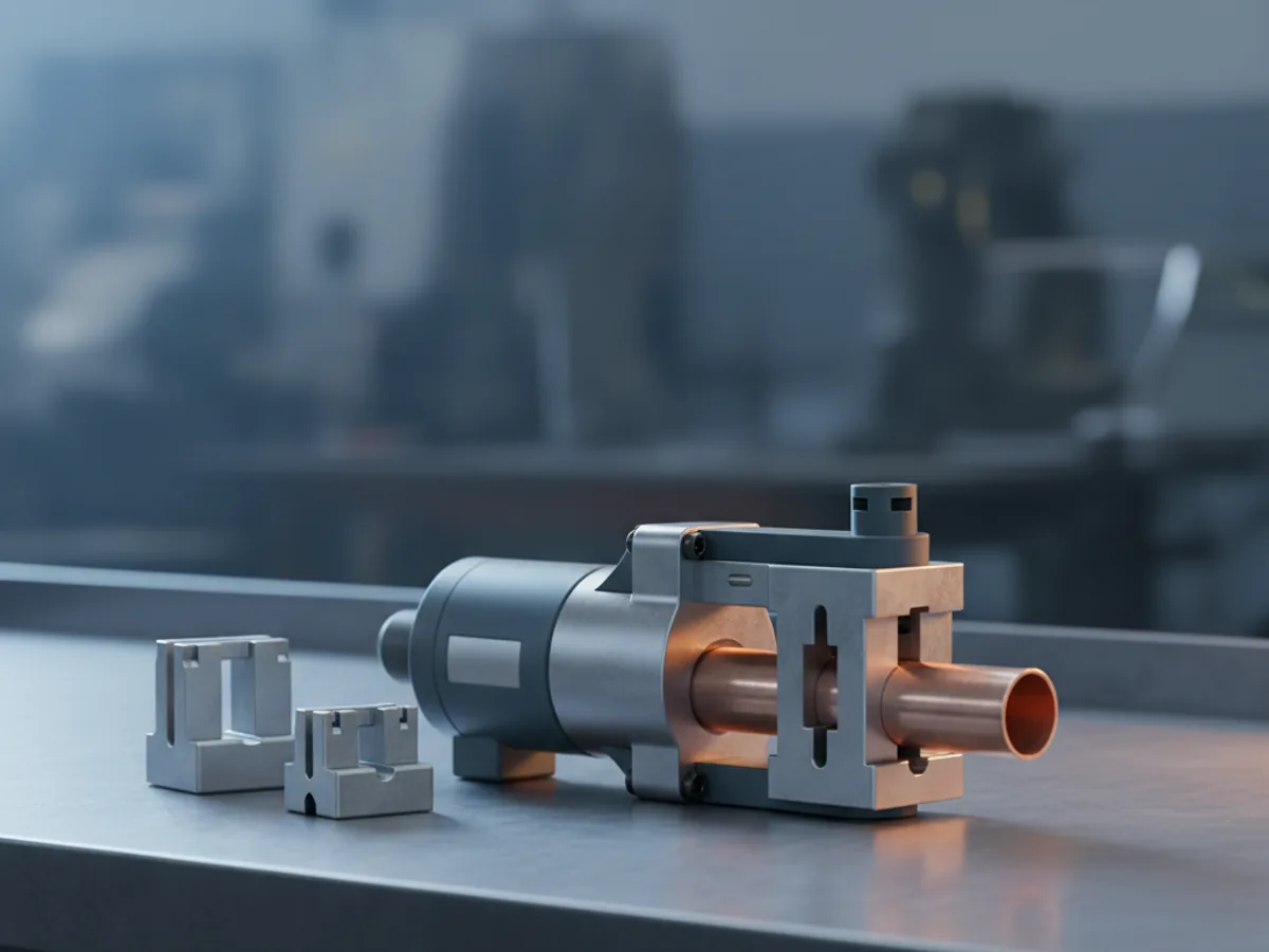 Pipe press fitting tool with its jaw closed around a copper pipe and two spare jaws lying beside it