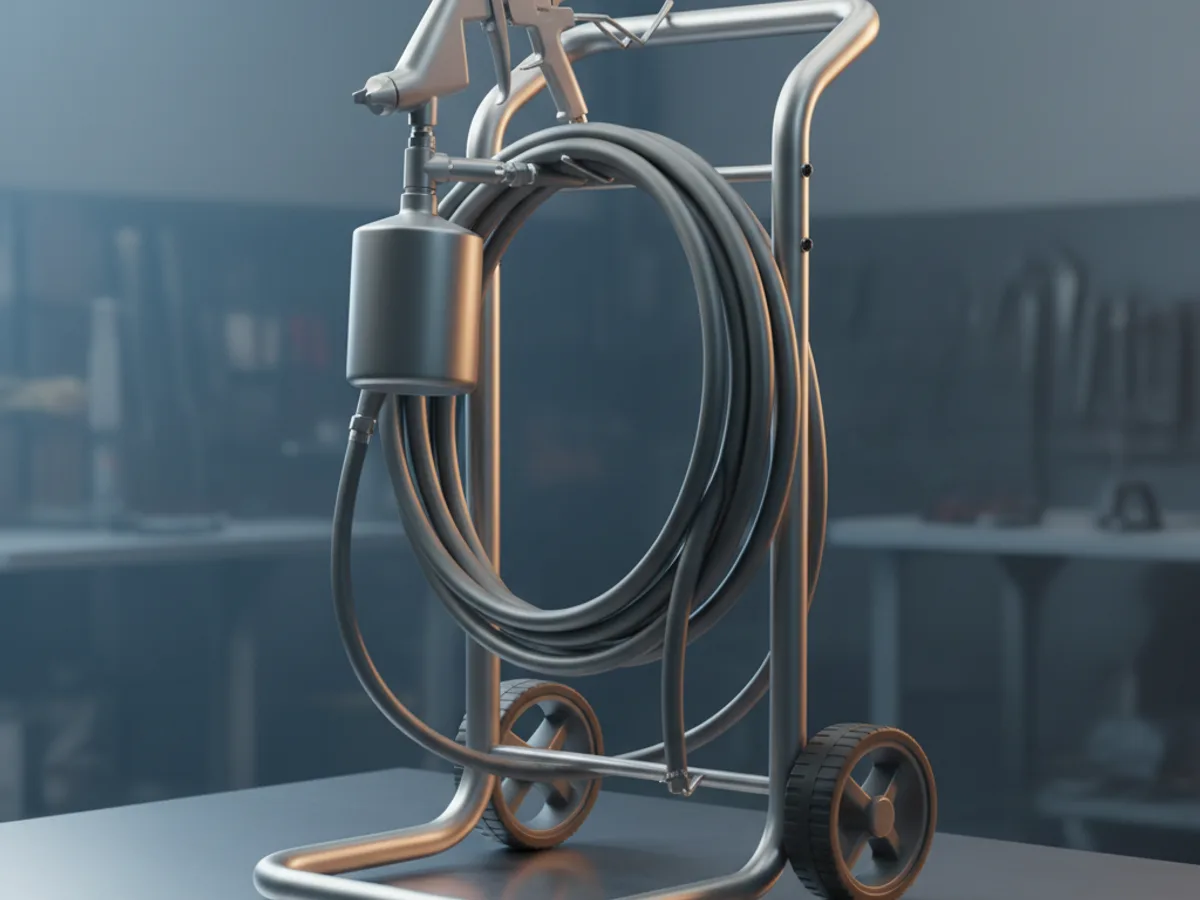 Airless paint sprayer on a wheeled stand with its hose coiled and spray gun resting against the frame
