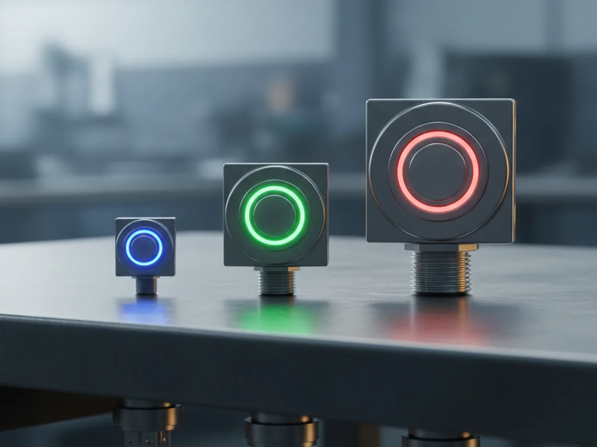 Three panel mount push button switches in increasing sizes with blue, green and red illuminated LED rings and threaded mounting barrels