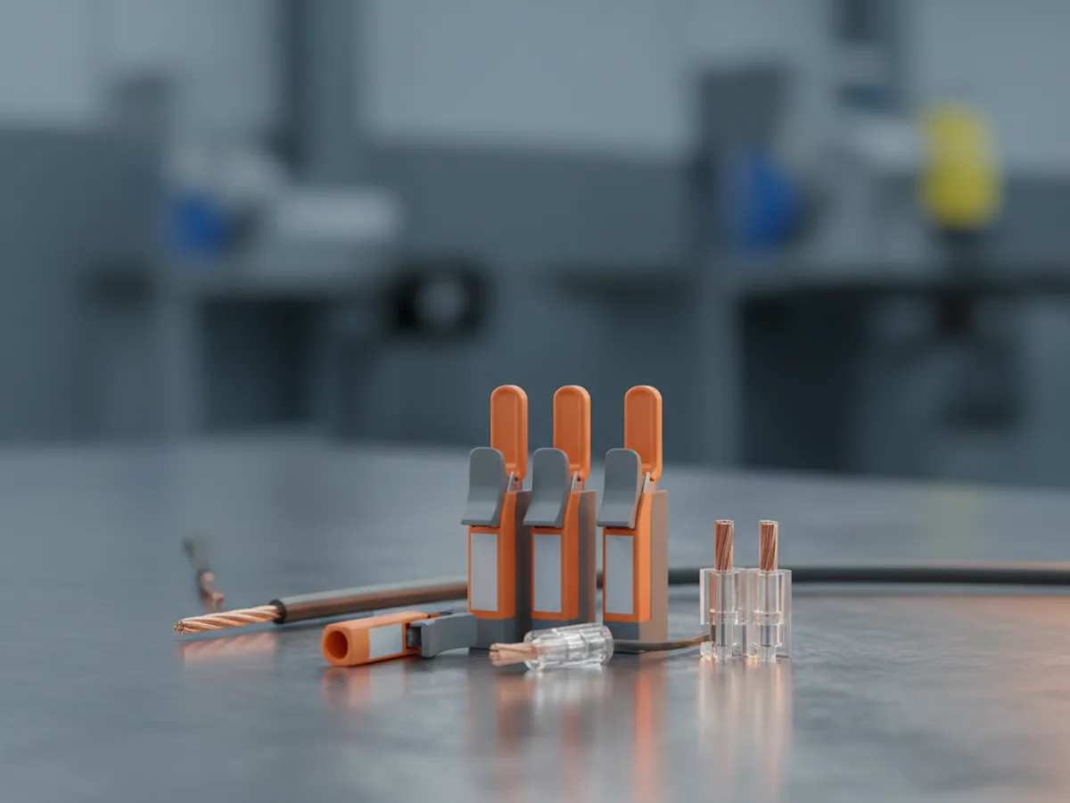 Orange lever wire connectors with levers raised beside clear push-in splice connectors and stripped cable ends