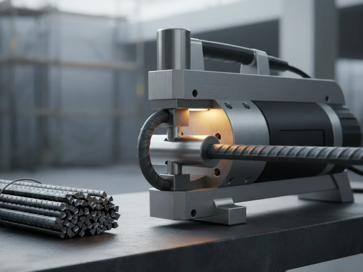 Portable electric hydraulic rebar bender forming a reinforcing bar around its mandrel on a site bench