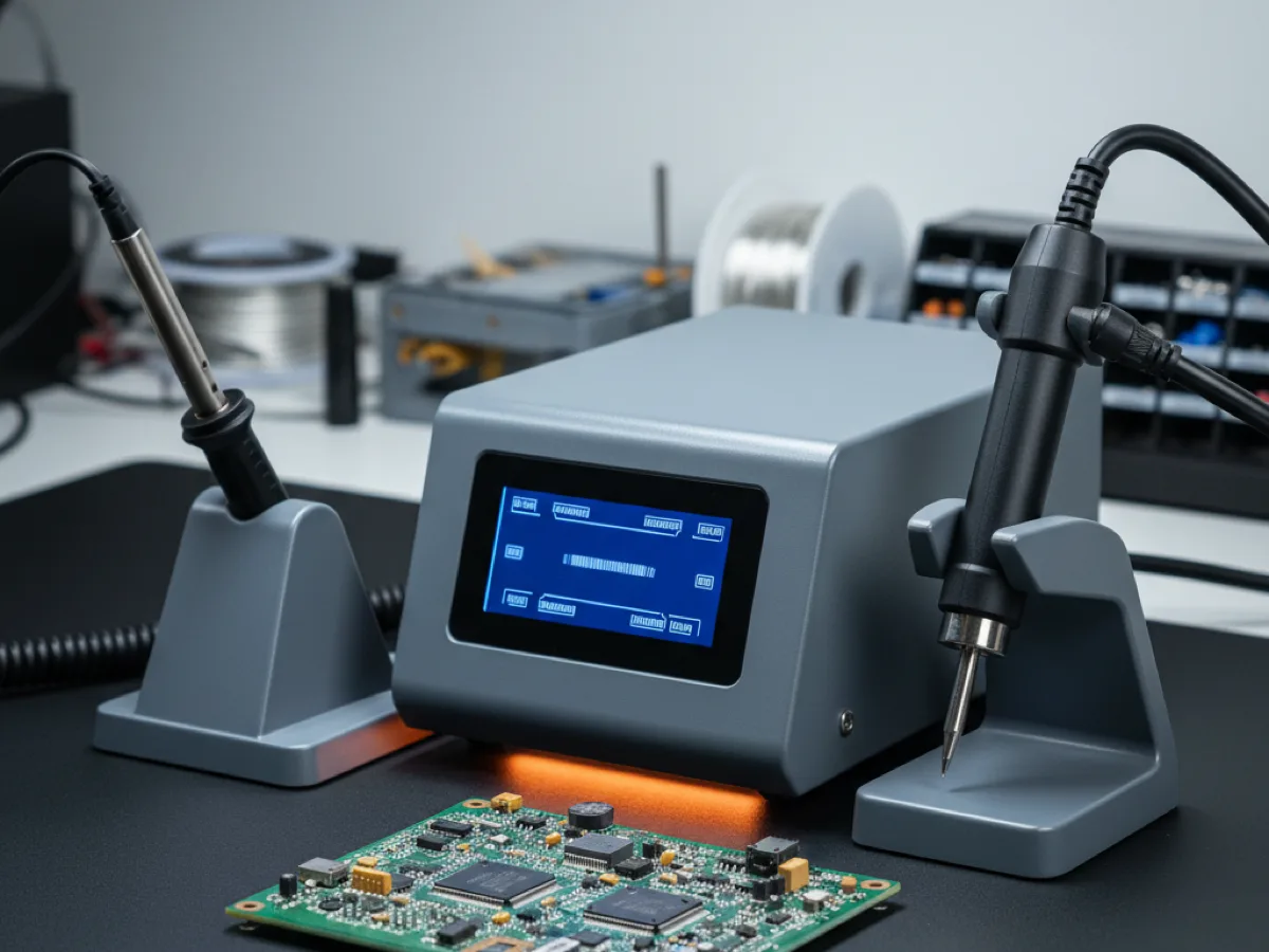 Hot air rework station with a soldering iron in its stand beside a circuit board on an antistatic mat