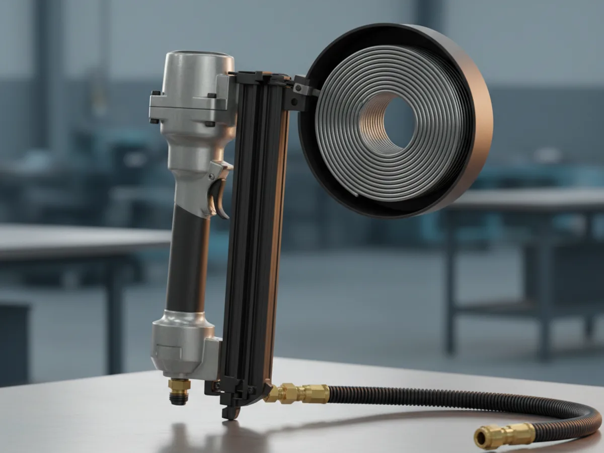 Pneumatic coil roofing nailer with its round magazine drum open beside a coil of collated nails on a bench