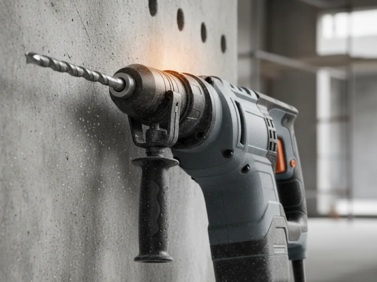 SDS-Plus rotary hammer drill with a masonry bit fitted, resting against a drilled concrete wall