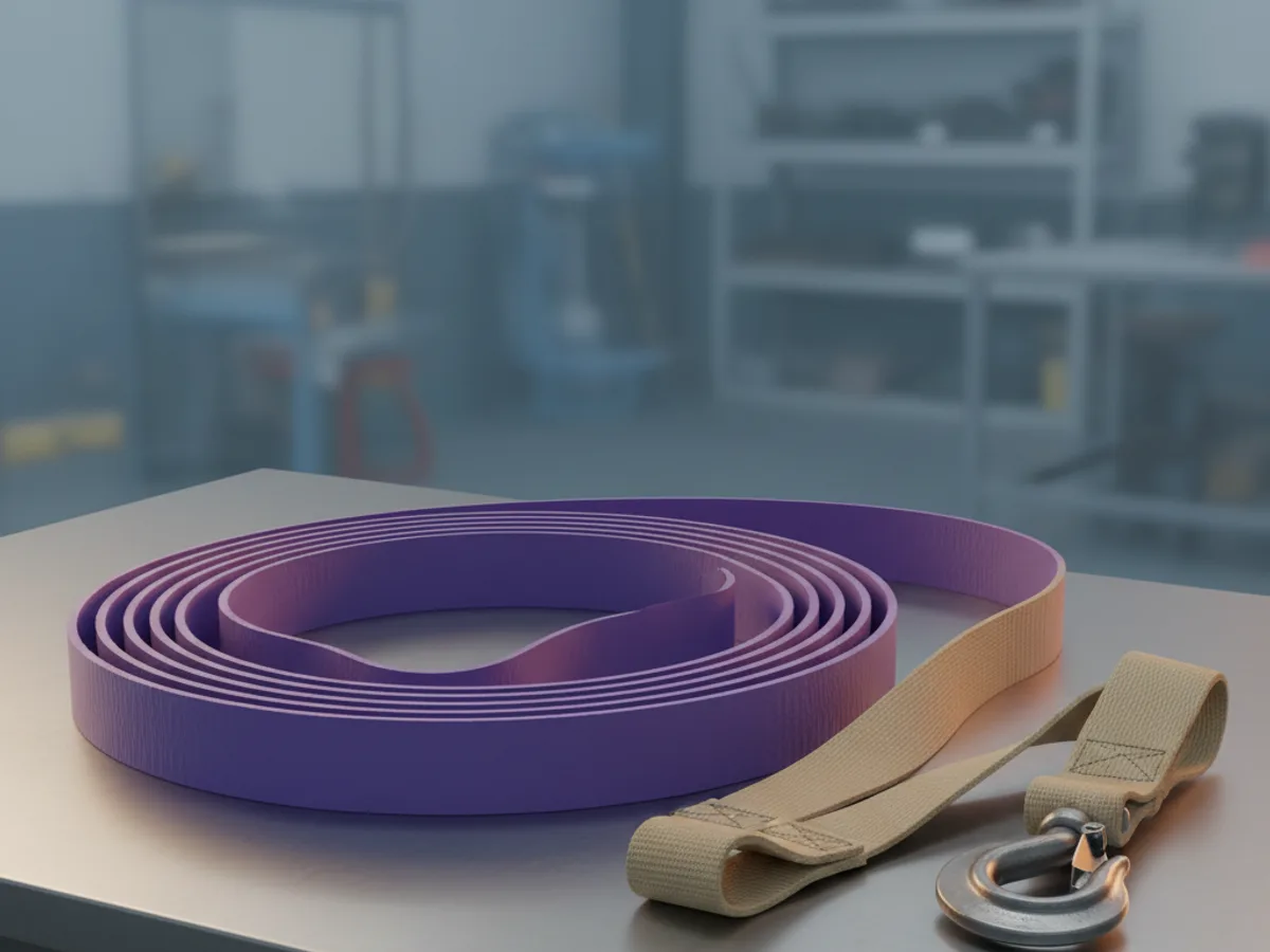 Violet polyester round sling coiled flat on a bench beside a beige webbing sling with sewn eyes and a steel grab hook