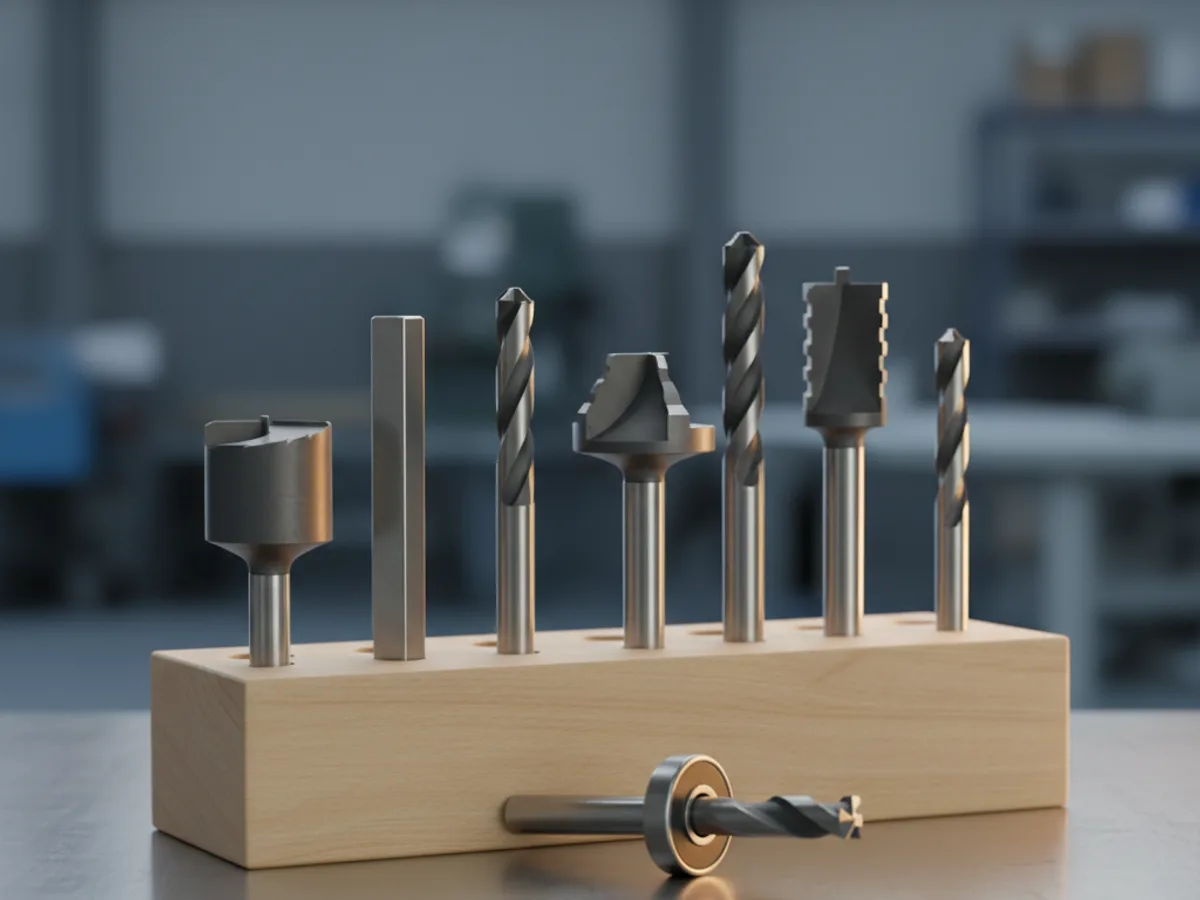 Set of carbide router bits in a wooden stand with a flush trim bit and its bearing standing in front
