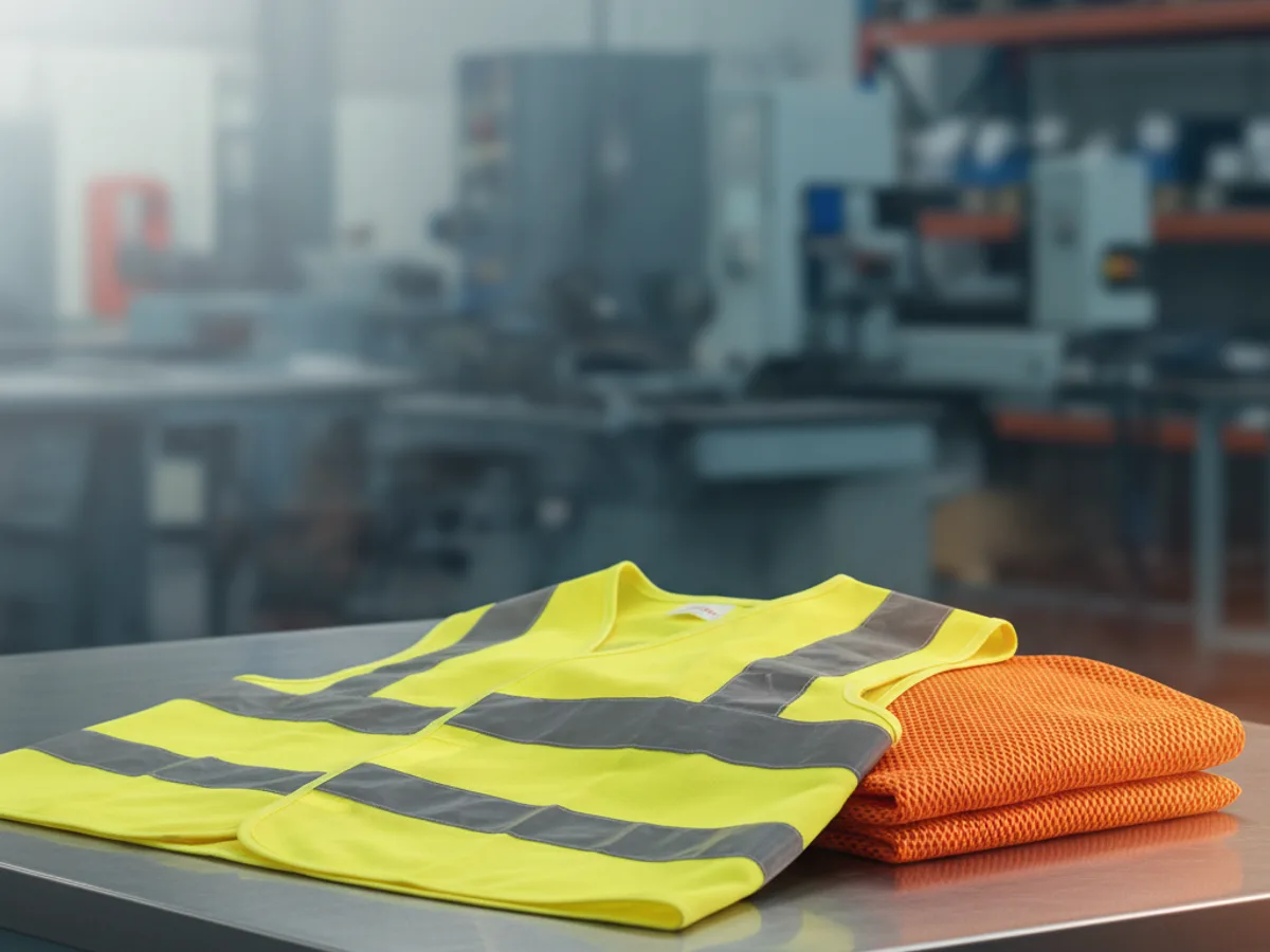 Yellow high visibility safety vest with silver reflective bands laid flat beside a folded orange mesh vest
