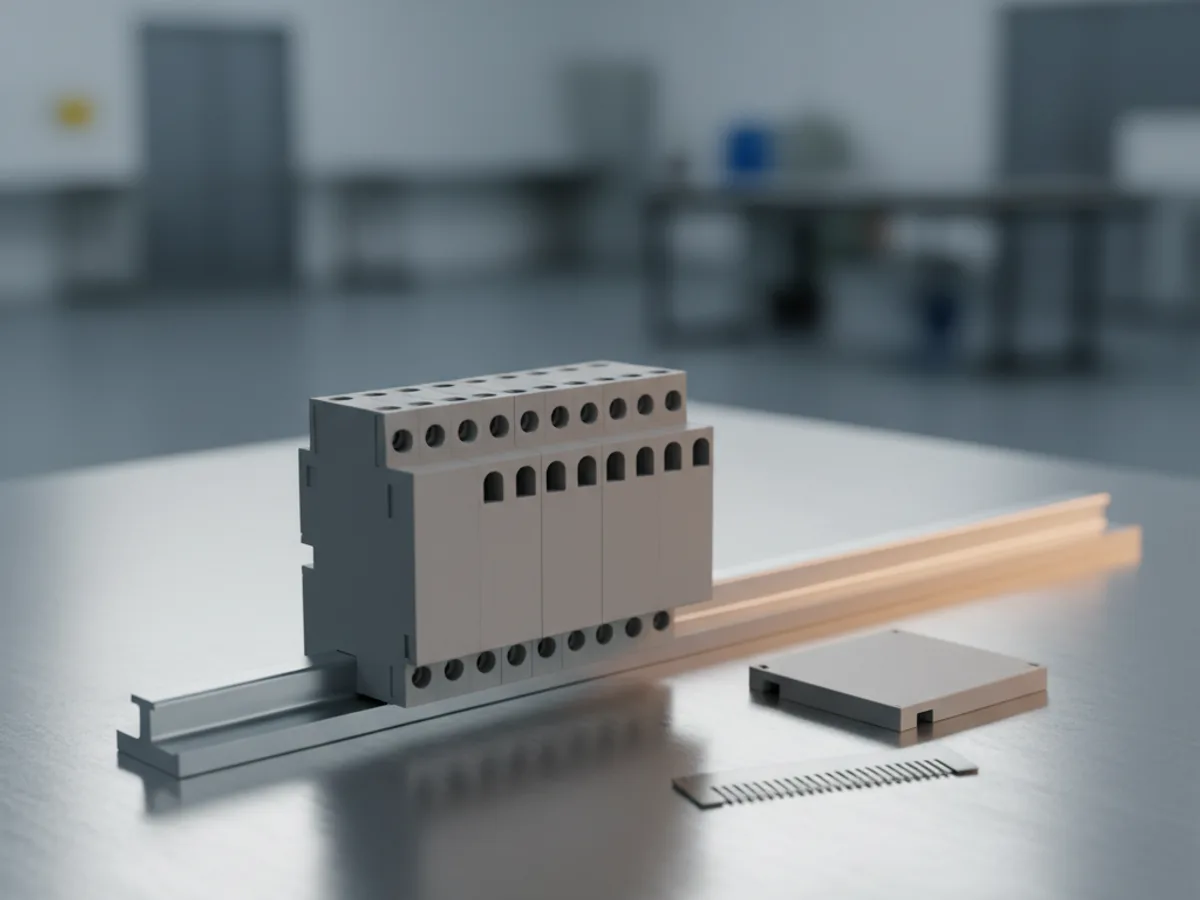 Row of grey DIN rail terminal blocks clipped to a metal rail with an end plate and a jumper bar beside them