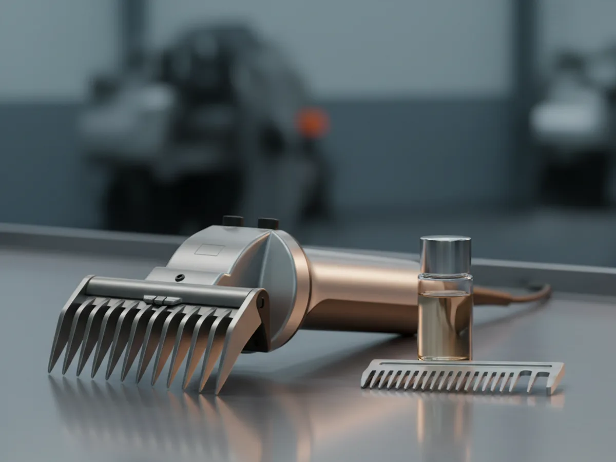 Electric sheep shearing handpiece with a wide toothed comb and cutter beside a spare comb and an oil bottle