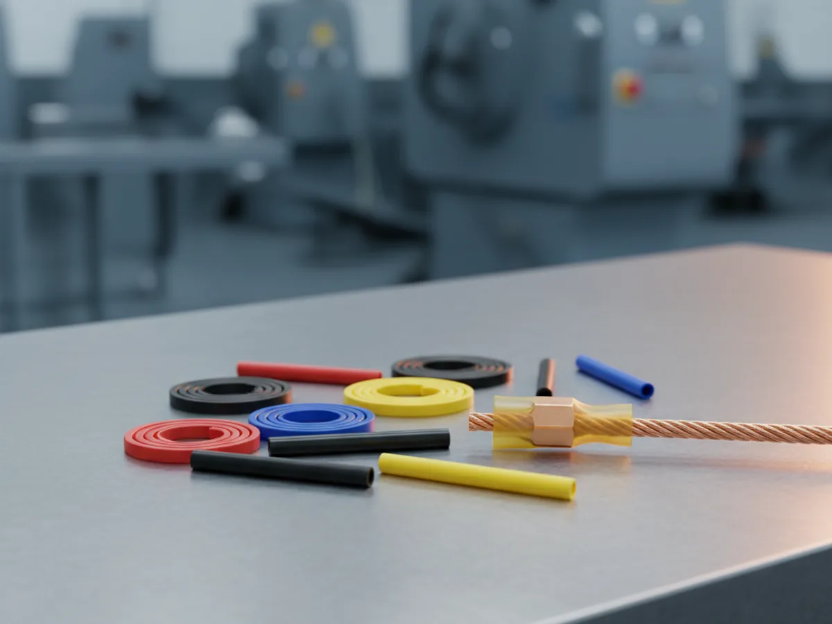 Assorted coloured heat shrink tubing rolls and offcuts beside a piece shrunk over a copper fitting on a cable