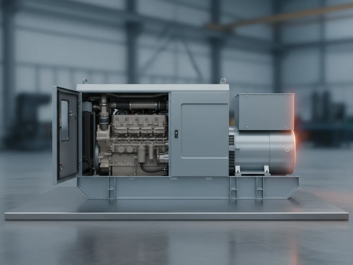 Diesel generator in a grey acoustic canopy with a side door open showing the engine and alternator