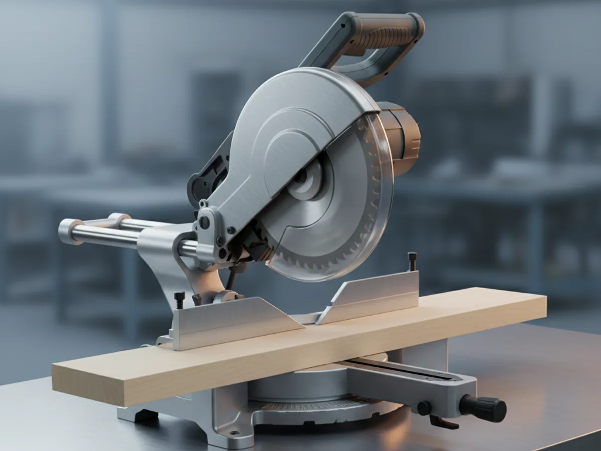 Sliding compound mitre saw on a bench with its head raised on twin rails and a length of timber against the fence