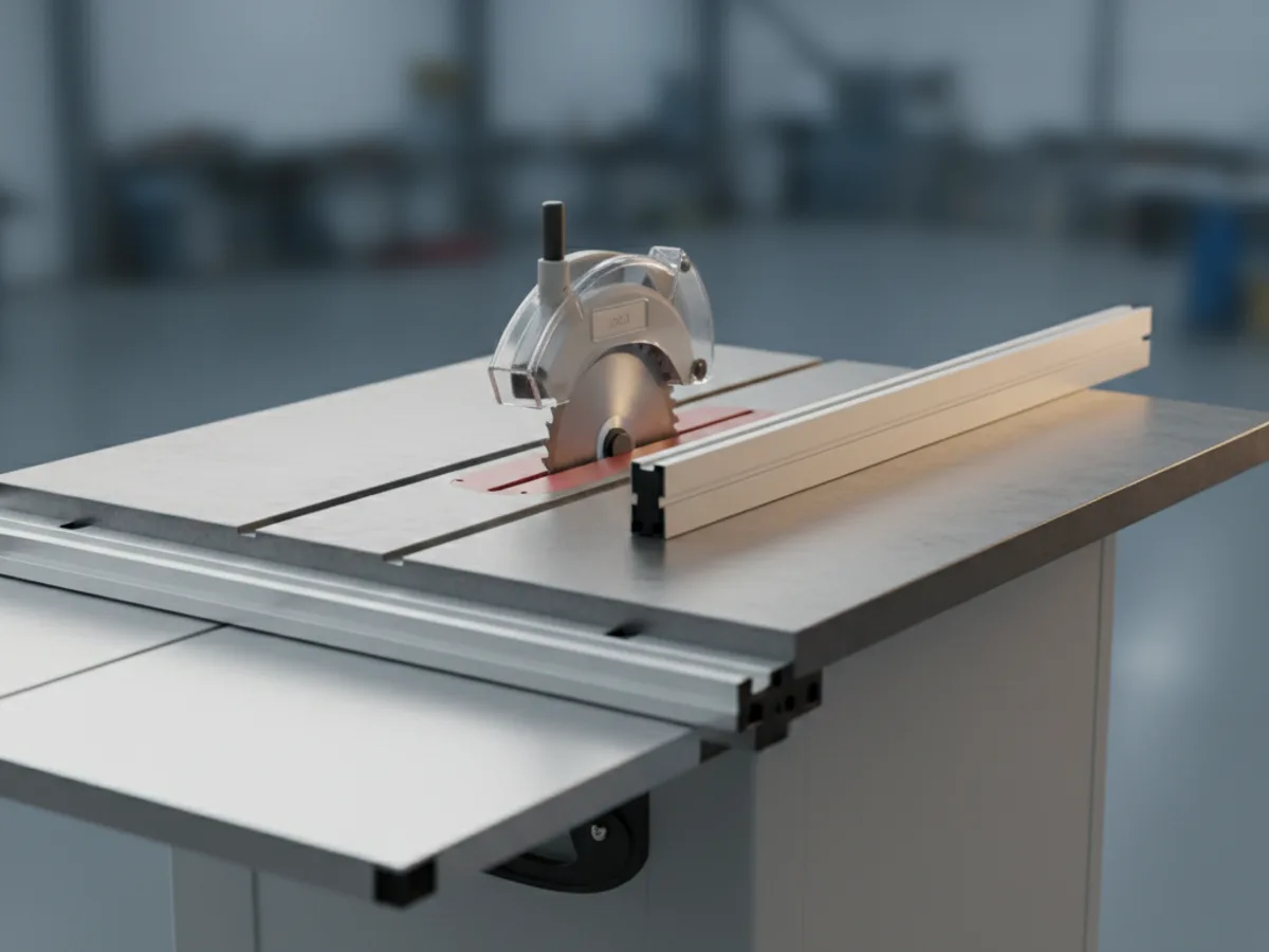 Table saw blade rising through a slot in the table under a clear crown guard, with a rip fence and a sliding carriage alongside