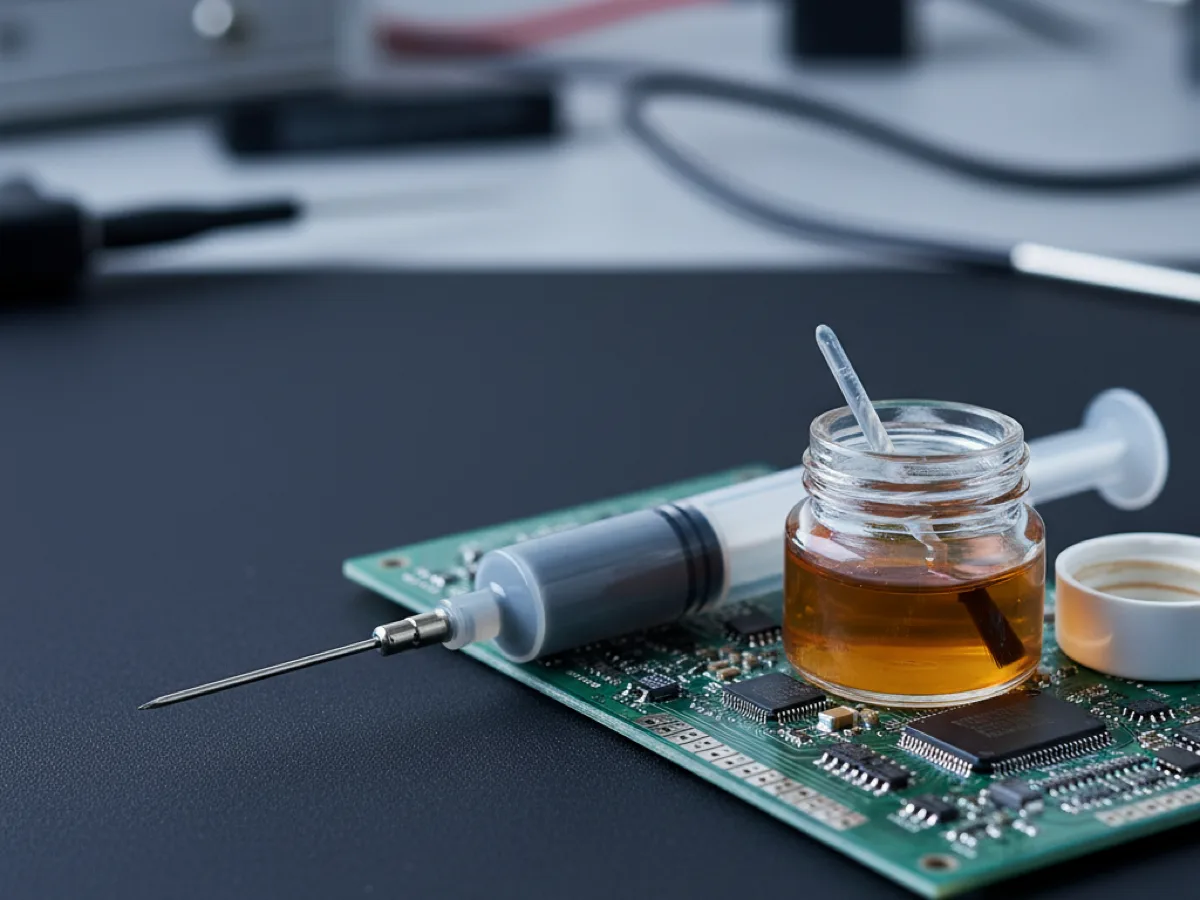 Syringe of solder paste and a jar of no-clean flux beside a circuit board on an antistatic mat
