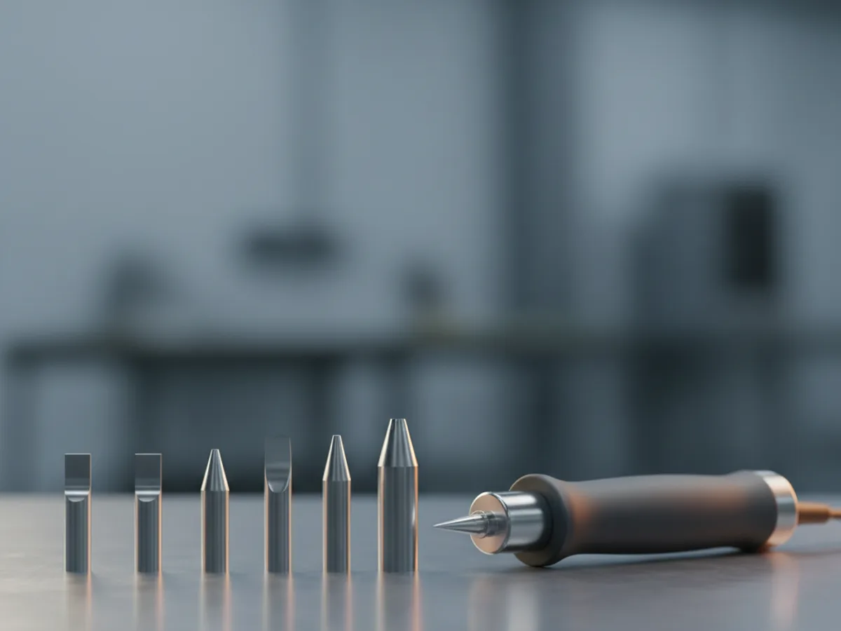 Row of soldering iron cartridge tips in chisel, conical and bevel shapes laid out beside a soldering handle
