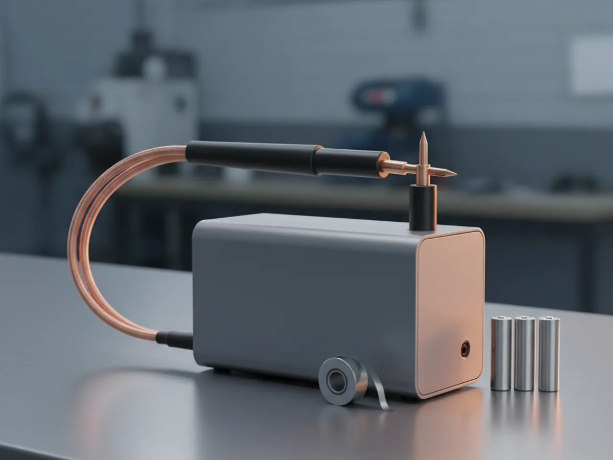 Compact battery spot welder with twin electrode probes resting beside a roll of nickel strip and cylindrical cells