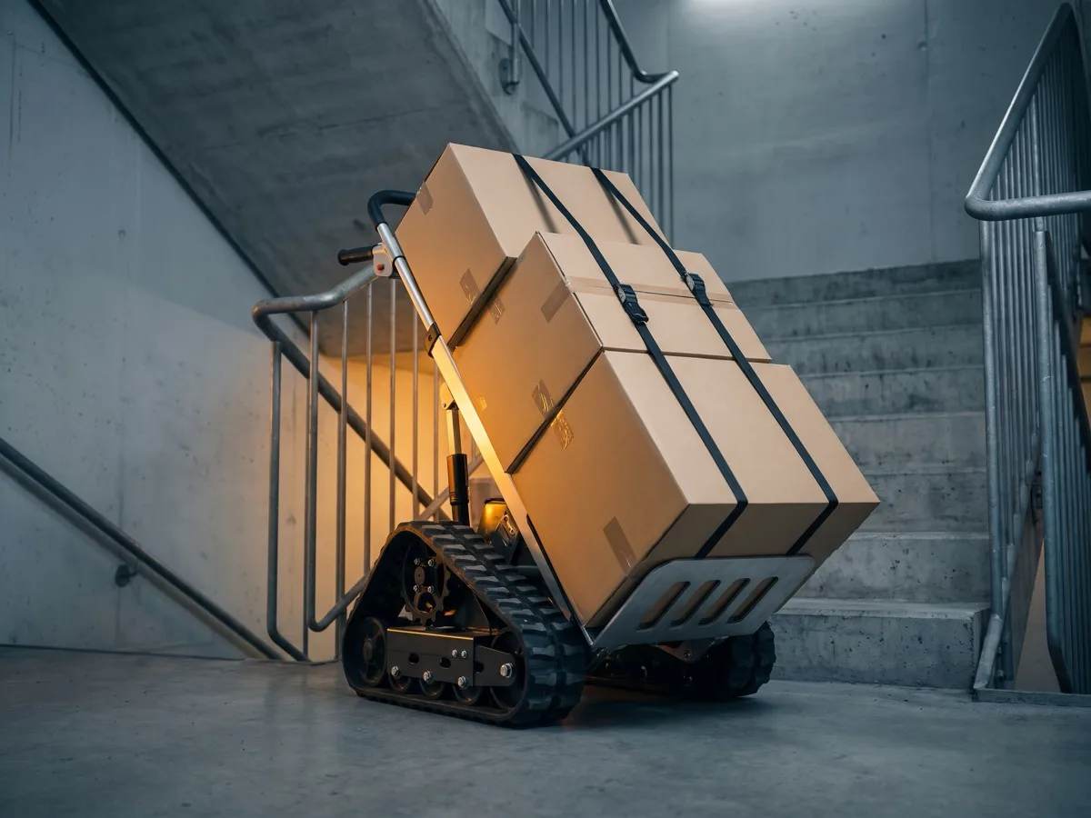 Powered stair climbing trolley with a rubber track carrying a strapped load on a concrete staircase