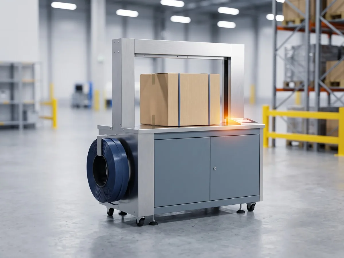 Semi-automatic strapping machine on a packing bench with a coil of polypropylene strap and a banded carton