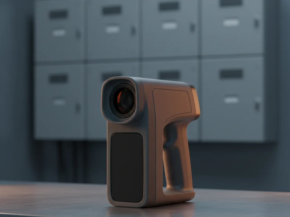 Handheld thermal imaging camera with a blank screen standing on a bench beside an electrical panel