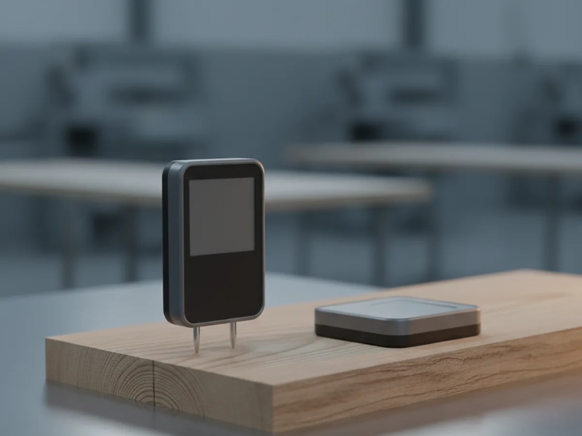 Handheld pin type moisture meter with its probes pressed into a timber board beside a pinless pad meter